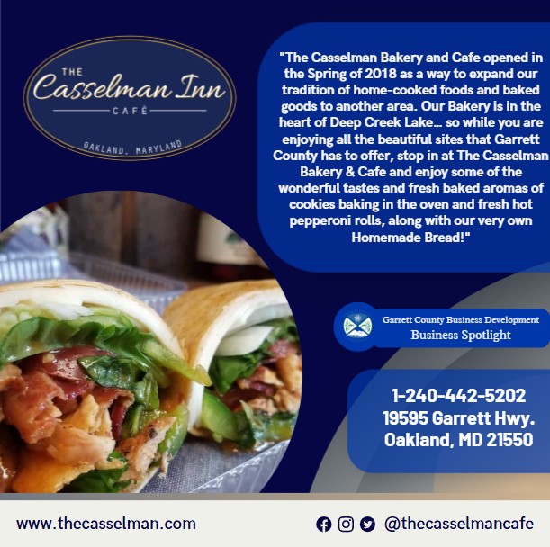 Today's Business Spotlight 🍞 is on Casselman Bakery & Café!
Visit them at www.thecasselman.com or The Casselman Bakery & Cafe
Follow us to see more daily Garrett County Business Spotlights! 
If you are interested in having your business featured contact Connor Norman at cnorman@garrettcountymd.gov. #businessdevelopment #garrettcountymd